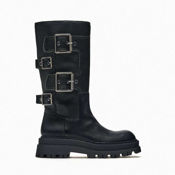 NWT. Zara Black Track Ankle Boots with Buckles. Size 10.